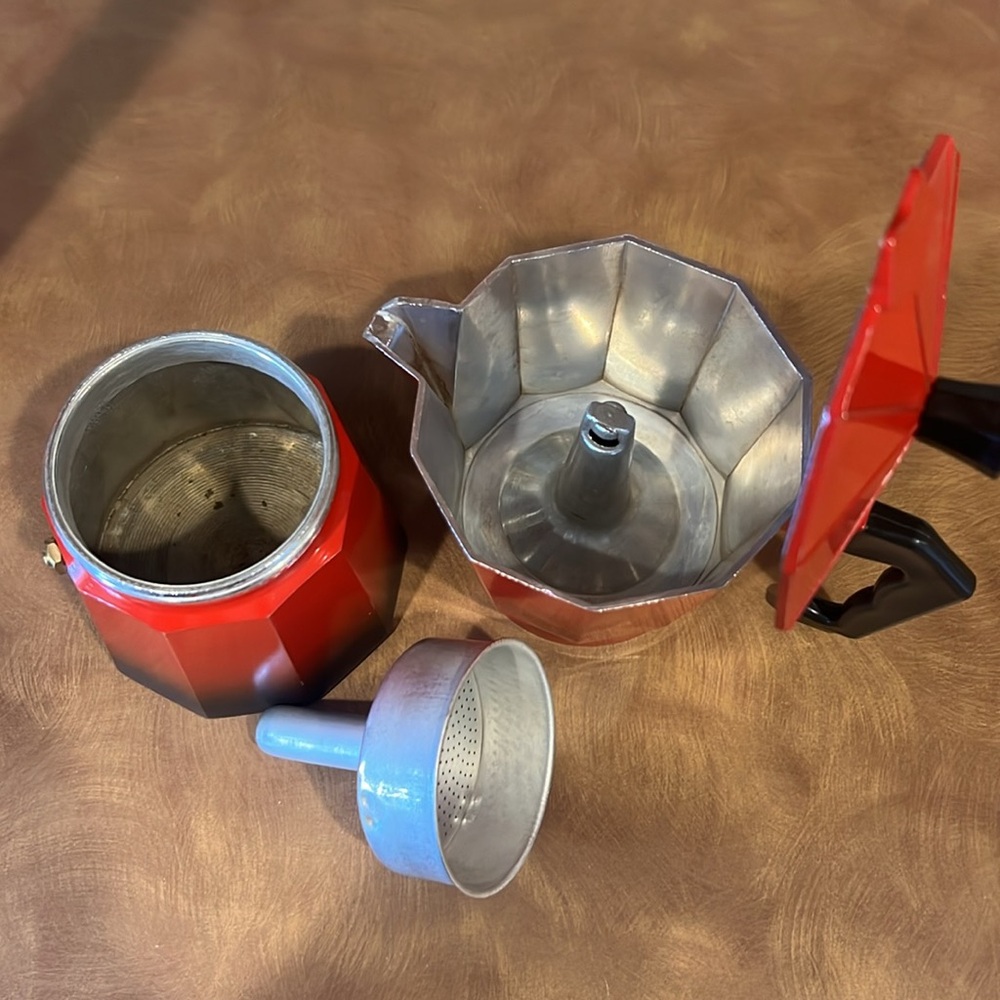Red Stovetop Espresso Maker ; 7 inches tall; used condition,some paint chipped - Picture 2 of 3